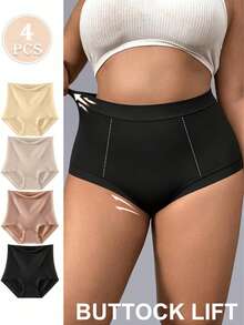 4pcs/Pack Plus Size Women Solid Color High Waist Tight Leggings, Butt Lift Tummy Control, Comfortable Invisible Plus Size Women Underwear, Plus Size Women Shorts - Multicolor - View 6