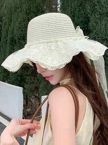 1 pezzo Cappello di paglia da donna estivo nuovo dolce carino elegante in pizzo bohémien per protezione solare all'aperto, best-seller estivo con ampia tesa pieghevole che snellisce il viso, elegante di alta qualità, comodo e casual, adatto per uscite, raduni, shopping, viaggi, vacanze e altre occasioni - Multicolore - Visualizzare 4