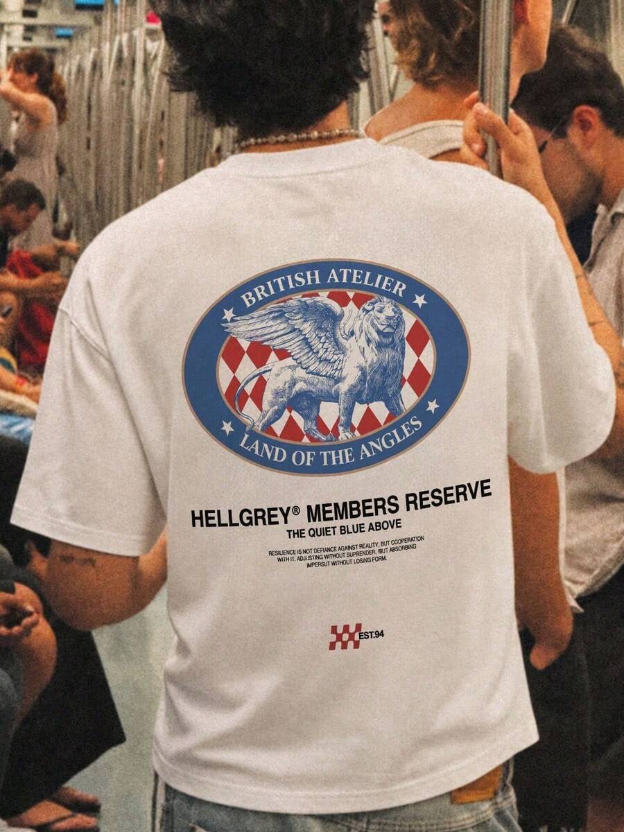 1pc Vintage Streetwear 100% Cotton Men's Crew Neck T-Shirt, British Atelier Angel Lion Back Print, Oversized Short Sleeve Summer Tee For Daily Wear - 白色 - 查看 1