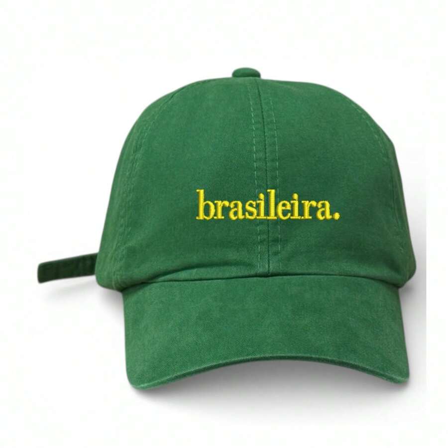 Brazilian-Made Unisex Dad Hat In 100% Cotton Twill With Curved Brim. - 繡有黃色圖案的綠旗 - 查看 1