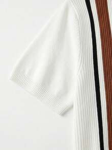 Camisa de punto de manga corta con media abertura de botones y diseño de bloques de color a rayas para hombre - Blanco - Ver 5