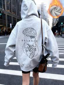 秋冬新款女款連帽抓絨衛衣，極簡時尚 Brain Heart BALANCE 印花，百搭街頭休閒風 - 深花灰 - 查看 2