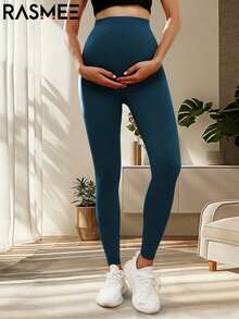 孕婦無縫高腰彈力素色內搭褲，適合日常休閒穿著 - 綠色 - 查看 4