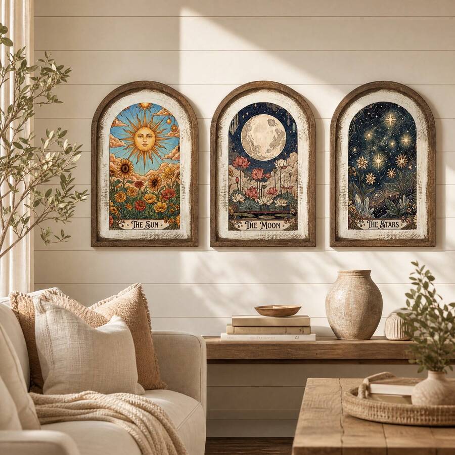 1/3pcs Rustic Style Celestial Sun Moon Star Arch Wooden Wall Hanging Decor, Suitable For Bedroom, Living Room, Meditation Space, Vintage Design, Create Home Atmosphere Decoration, 2D - Wooden Ornaments - View 1