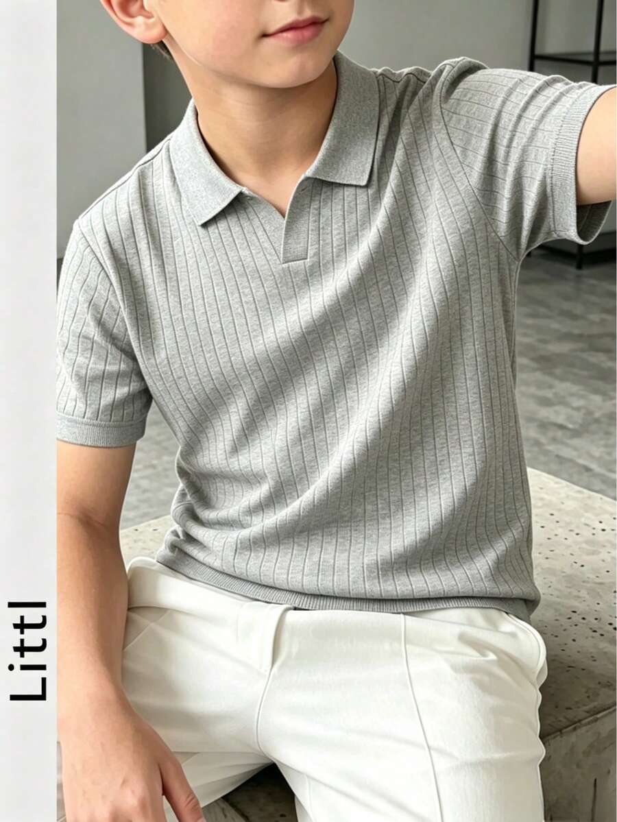 Boys' Teen Student Casual Solid Color Crew Neck Pullover Ribbed Knit Short Sleeve T-Shirt Spring Summer Top - Light Grey - View 1