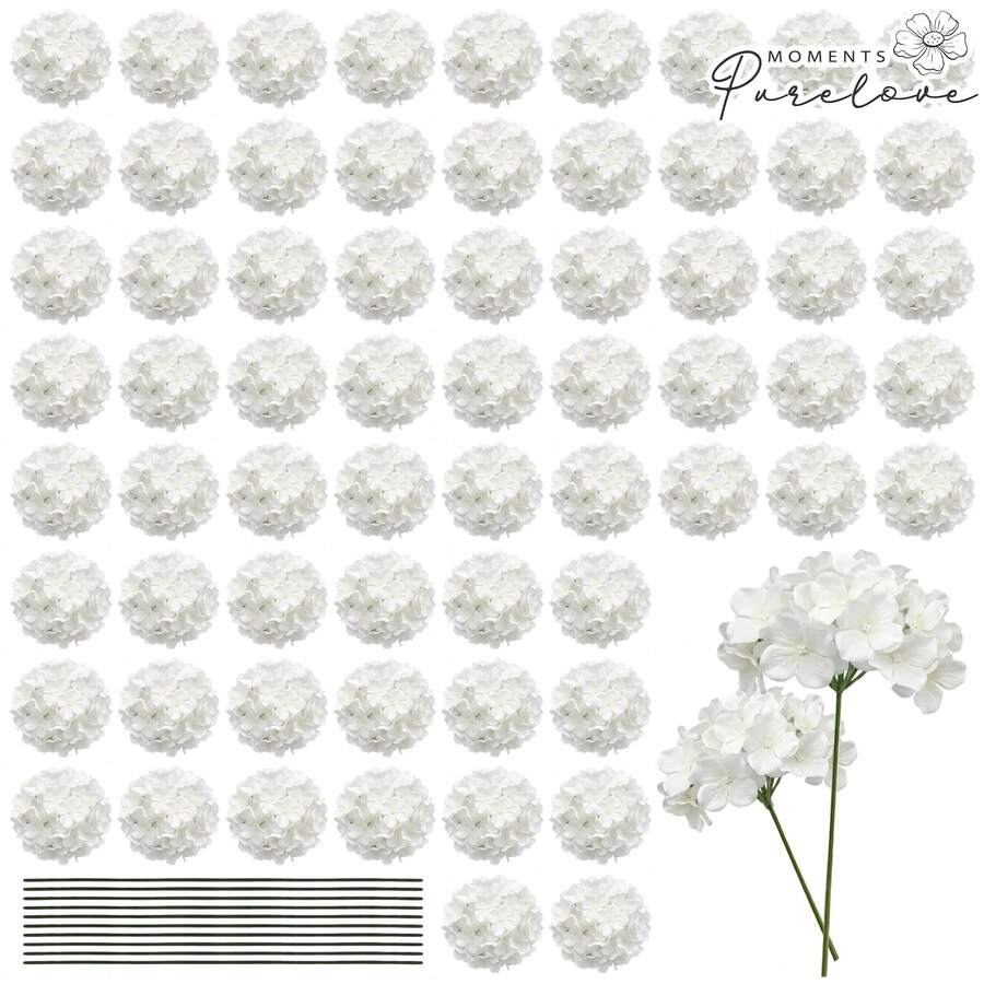 120/300 Bulk Silk Hydrangea Flower Heads With Detachable Stems, Realistic Fake Blooms For DIY Bridal Bouquets, Wedding Centerpieces, Flower Wall Arrangement, Home Garden & Holiday Party Decor - 白色 - 查看 1