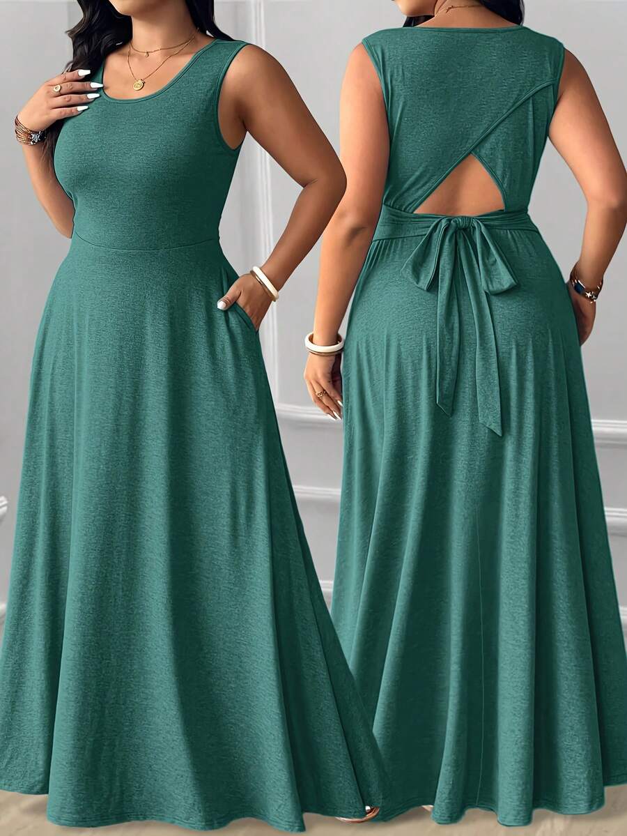 Plus Size Women's Elegant Solid Color Round Neck Tie Back Waist Cinched Pleated Maxi Dress - Stretchable Machine Washable Maxi Dress Set, Suitable For Spring, Summer, Autumn, Casual To Semi-Formal Occasions, Solid Color Backless Wedding Guest Dress - Mint Blue - View 1