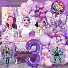 KPop Demon Hunters Arco de globos de mariposa morada, set de globos de papel de aluminio con tema de chica cool, set de decoración de globos para cumpleaños en vivo, globo de número de papel de aluminio de chica musical, suministros para fiesta de cumpleaños infantil, set de decoración de regalo - Juego de globos - Ver 6