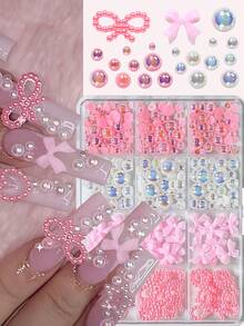 12 cuadrículas/Caja Encantos de Uñas 3D Dulces Mezcla de Perlas&Resina Lazo Tamaños Mixtos Blanco/Rosa Aurora Media Perla Lazo Arte de Uñas DIY Kawaii Perla Lazo Partes de Manicura - Multicolor - Ver 2