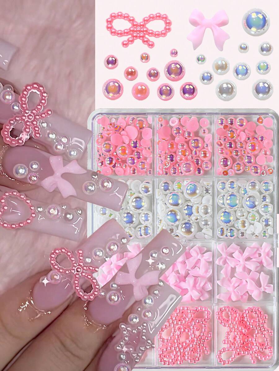 12 cuadrículas/Caja Encantos de Uñas 3D Dulces Mezcla de Perlas&Resina Lazo Tamaños Mixtos Blanco/Rosa Aurora Media Perla Lazo Arte de Uñas DIY Kawaii Perla Lazo Partes de Manicura