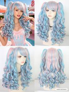 Multi-Color Y2K & K-POP Style Pigtail Long Wavy Heat Resistant Wig, With Bangs, Detachable Design, Ideal For Lolita Outfits, Cosplay, Themed Parties & Halloween, Voluminous Smooth Easy-Wear Full Head Wig - Multicolor - View 4