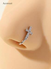1pc Rhinestone Cross Decor Nose Clip, No Piercing Required, Gold/Silver Copper Material, Popular Style Fake Piercing Nose Ring Body Jewelry, Unisex Gift - Silver - View 5