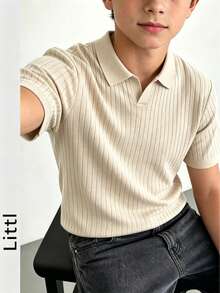 Boys' Teen Student Casual Solid Color Crew Neck Pullover Ribbed Knit Short Sleeve T-Shirt Spring Summer Top - Apricot - View 6