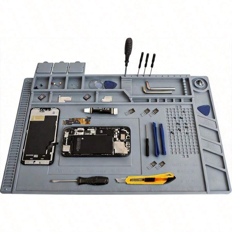 Professional Tool Organizer: Silicone Tray With Welding Pads. 17.7*11.8". Features Strong Magnetic Attraction, Easy Cleaning, Compartmentalized Storage. For Organizing Precision Tools Maintaining Them Properly. Multifunctional Tool Maintenance Pad - gray - View 1