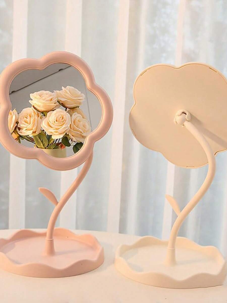 Floral Pattern Tabletop Makeup Mirror, Cute Tabletop Vanity Mirror, Tabletop Makeup Mirror With Jewelry Storage Rack, Vanity Mirror With Jewelry Tray, Rotatable Adjustable Tabletop Mirror, Makeup Mirror Suitable For Bedroom Vanity Or Makeup Table, Lightweight Travel Comb (With Built-In Mirror) - Perfect For Putting In A Handbag
