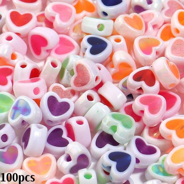 100PCS Acrylic Dual-Color Transparent Heart Loose Beads, Suitable For DIY Handmade Jewelry, Bracelets, Necklaces, Earrings, Anklets Accessories, Keychains And Phone Chain Charms Materials