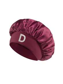 1pc Unisex Satin Sleep Bonnet For Natural Curly Hair – A-Z Letter Pearl Print, Customizable Hair Accessories For Men Women, Ideal For Vacation - Burgundy - View 32