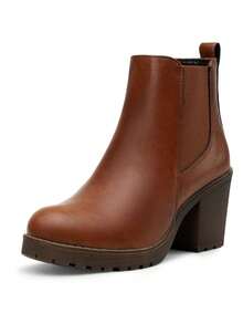 Women's Chunky Low Heel Chelsea Ankle Booties, Fashion Platform Fall Boots With Side Elastic Panels - Rust Brown - View 4