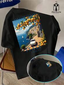 Sommerliches Herren-T-Shirt im italienischen Reisestil mit Amalfi-Küstenmuster, locker geschnitten, geeignet für den täglichen Freizeitgebrauch, 100% Baumwolle, vielseitig kombinierbar. - Schwarz - Übersicht 1