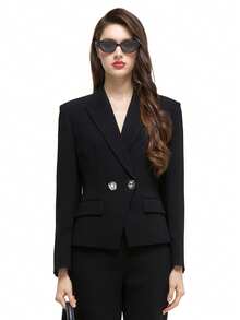 Rich Radi Q's Áo khoác blazer nữ màu đen dài tay, chất liệu vải dệt, có cúc cài, dáng suông, phong cách thanh lịch thường ngày. - màu đen - Xem 2