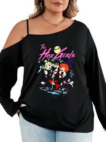 Off Shoulder Long Sleeve Top Black The Hex Girls Cartoon Print Women Casual Wear - 黑色 - 查看 1