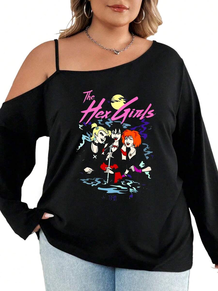 Off Shoulder Long Sleeve Top Black The Hex Girls Cartoon Print Women Casual Wear - 黑色 - 查看 1