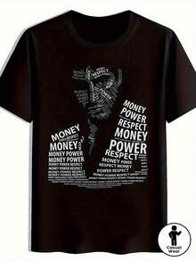 Mens White T-Shirt Money Power Respect Rap-Inspired Vertical Text & Money Motif - Casual Round Neck Short Sleeve Shirt With MPR Lettering For Hip-Hop - 黑色 - 查看 2