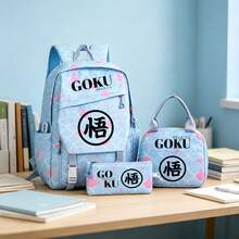 Miniso 龍珠悟空漢字符號 3件組帆布背包套組，極簡「悟」字印花時尚動漫包組合 - 藍色 - 查看 1