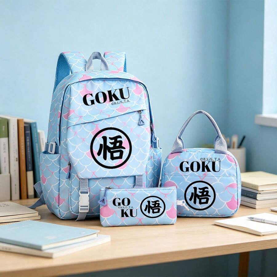 Miniso 龍珠悟空漢字符號 3件組帆布背包套組,極簡「悟」字印花時尚動漫包組合 - 藍色 - 查看 1