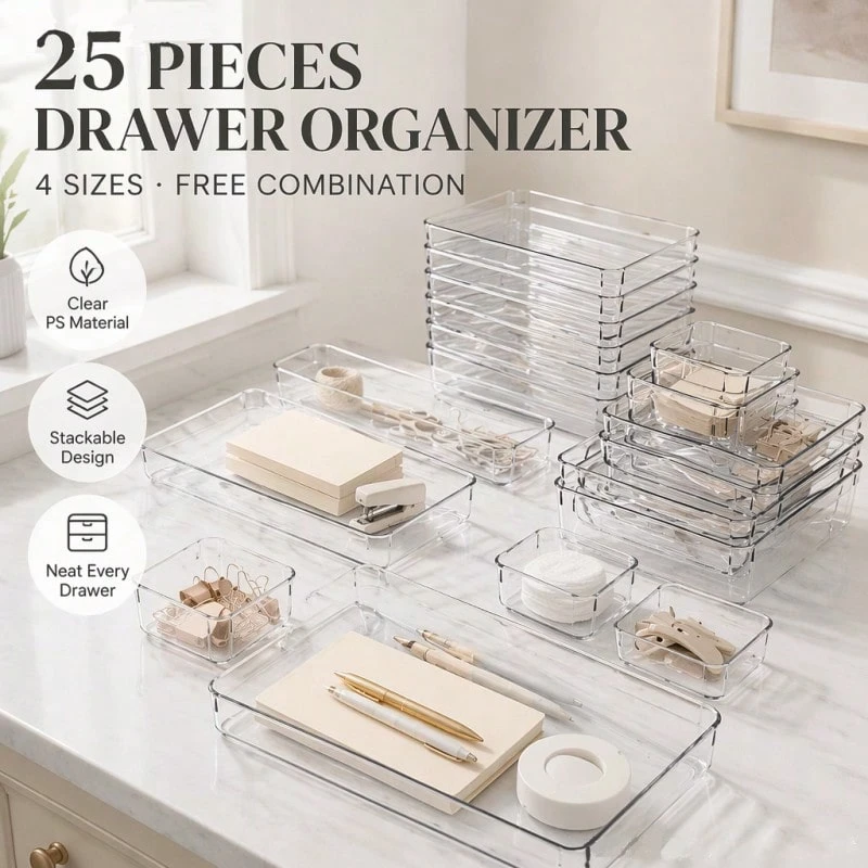Drawer Organizer Set 25 Pcs, Plastic Storage Divider Trays In 5 Sizes, Stackable Transparent For Makeup Stationery Hair Accessories Kitchen Fridge - View 1