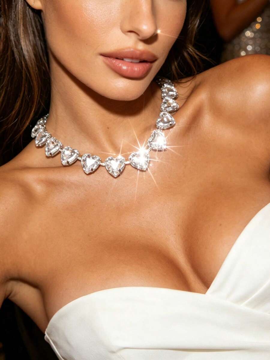 1 pieza Collar de corazón con strass brillante y sexy, accesorio para banquetes, fiestas, actuaciones y uso diario, joyería de moda para mujer - Plateado - Ver 1