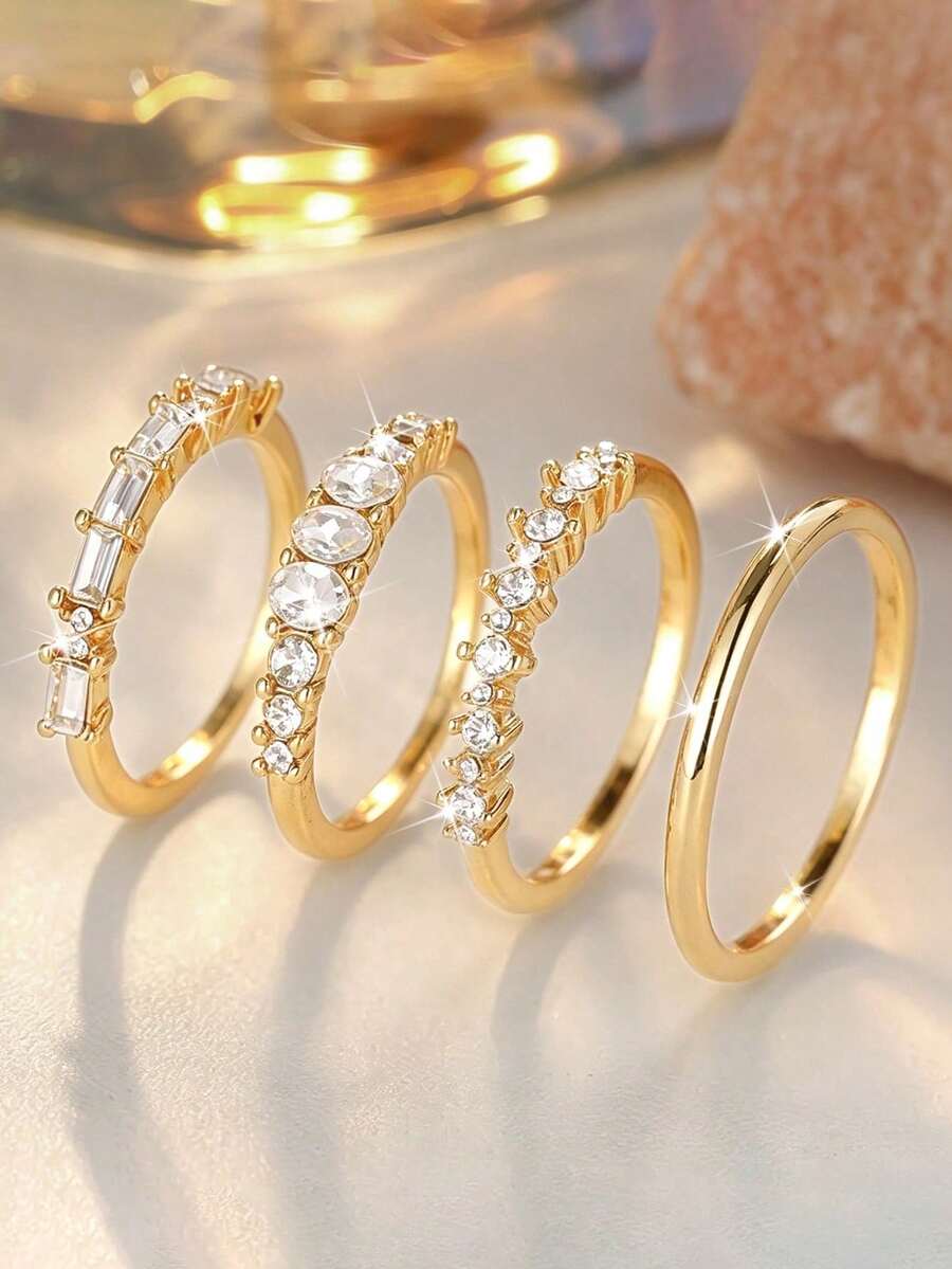 4pcs Elegant Layered Cubic Zirconia Teardrop And Rectangular Pattern Rings, Symbolizing Romance And Nobility, Suitable For Daily Wear, Perfect Gift For Spring Festival New Year - Multicolor - View 1