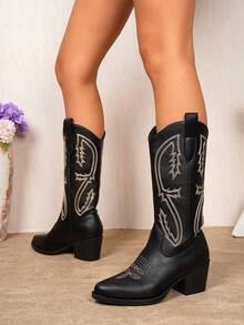 Women's Embroidered Western Mid-Calf Slip-On Boots With Floral Pattern And Chunky Heel - Black - View 4