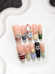 10pcs/Set Playful & Cute Handmade Press-On Nails, Poly Gel Nail Set, Star & Button Decor, Striped & Polka Dot, Yellow/Blue/Pink/Green Nail Polish Colors, Casual Style, Includes Nail Tools, 3 Sizes Available, Almond/Duck/Coffin Shape, Suitable For Party, Dancing, Daily Wear - 彩色 - 查看 4