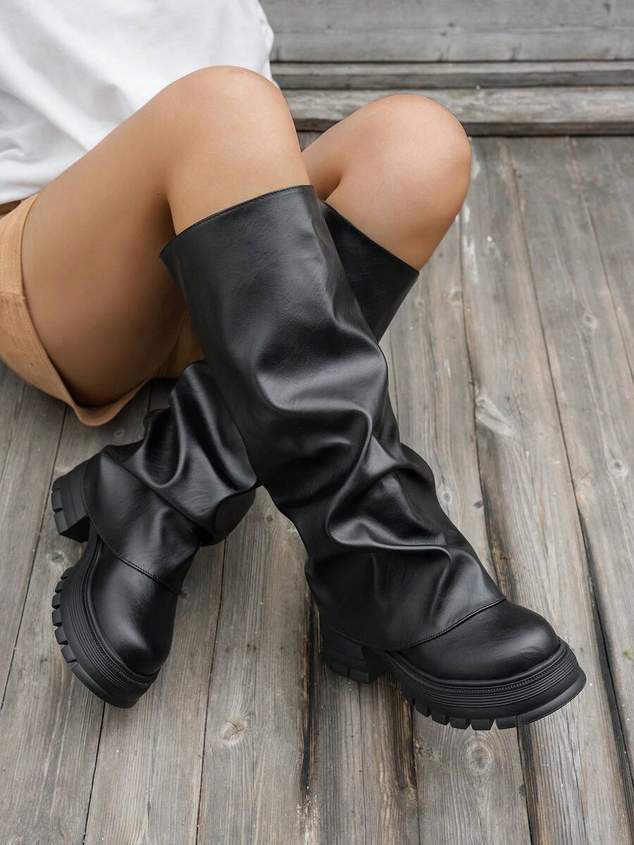 Women's Round Toe Chunky Boots, All-Season Pleated Slip-On Pants, Suitable For Daily Outdoor Commute, Fashionable Long, Heel - Black - View 1