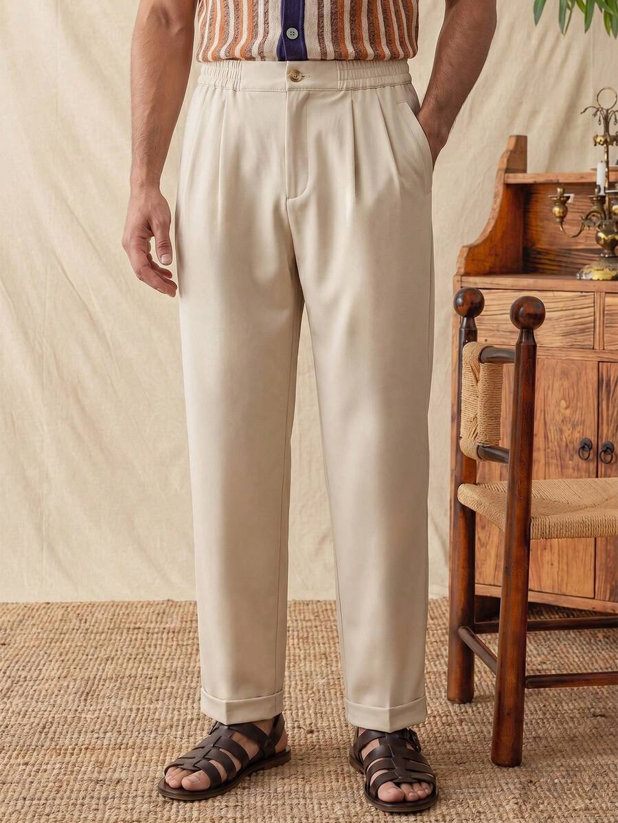 glestore Men's Retro Casual Solid Color Straight Leg Pants, Elastic Waistband Design, All Season Versatile Essential - Khaki - View 1