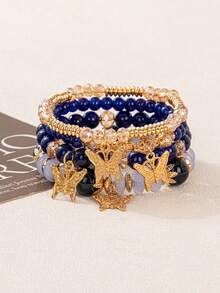 4 piezas/Set Pulsera de cuerda elástica con cuentas y colgante de mariposa de aleación estilo bohemio multicapa Temporada de regreso a la escuela - Multicolor - Ver 21