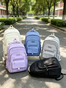 1pc Minimalist Solid Color Backpack, Large Capacity Multi-Compartment School Day Bag And Adjustable Shoulder Strap Casual Backpack, Suitable For Students/Girls/Teens/Young People, Perfect For Back To School, Campus Learning, Outdoor Camping, Short Weekend Trips And Daily Casual Outdoor Use - Multicolor - View 1