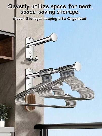 1pc Retractable Clothes Drying Rack, Space-Saving Design, Bathroom Storage Hook, Multi-Function Drying And Storage Rack, Suitable For Balcony And Bathroom, Indoor Retractable Clothes Rod, Wall-Mounted Home Storage Rack