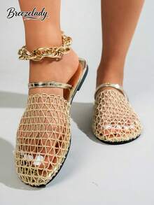 Breezelady Women's Gold Mesh Net Flat Sandals, Closed-Toe Slip-Ons With Ankle Strap, Breathable & Glamorous For Summer Events. - 金色 - 查看 5