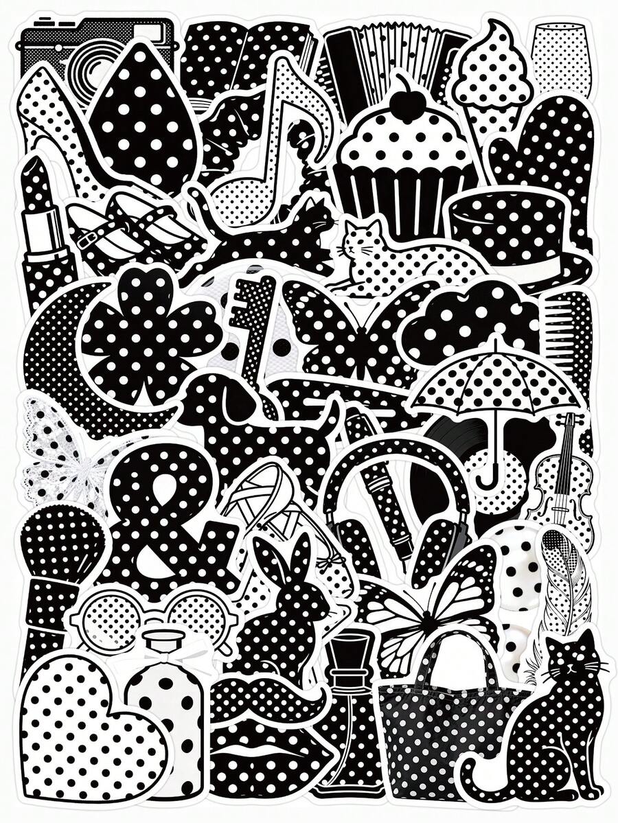 55pcs Black & White Polka Dot Stickers, Minimalist Aesthetic Vinyl Decals, Waterproof Stickers For Laptop, Water Bottle,Phone Case, Journal, Scrapbooking, Retro & Monochrome Lovers School Supplies - Black and White - View 1