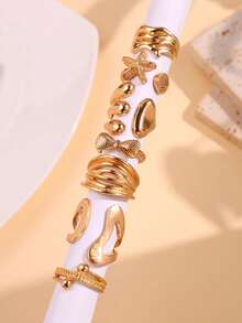Juego de 7 piezas de anillos de diseño exquisito, de moda, vintage, único y versátil con motivos de concha, lazo y geométricos, joyería para mujer para uso diario, vacaciones, fiestas y regalo - Multicolor - Ver 3