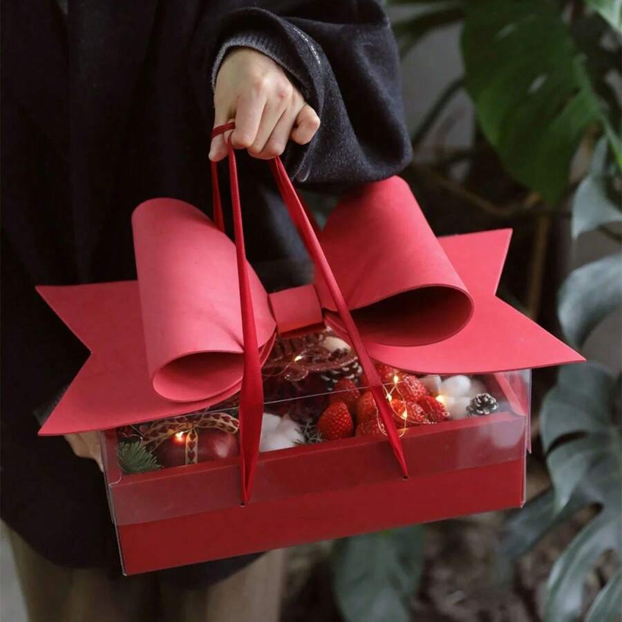 1pc Bow Gift Box Set For Gift Wrapping, Floral Packaging, With Handle Ribbon, Durable Plastic And Paper Material, Wedding Gift Wrapping, Party Gift Wrapping, Birthday Gift Wrapping, Valentine's Day Gift Wrapping - View 1