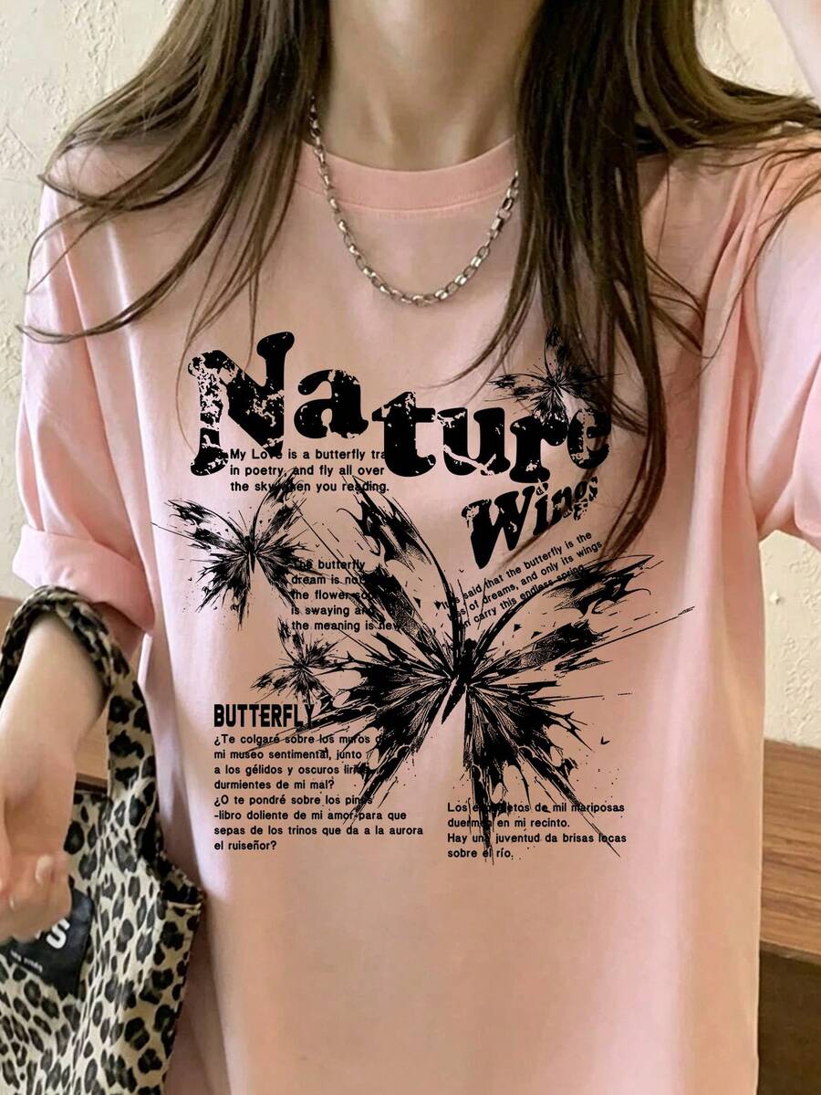 Áo thun tay ngắn in chữ thiết kế dáng rộng, áo top màu hồng pastel phong cách thường ngày cho nữ, đi du lịch mùa hè - Màu Hồng baby - Xem 1