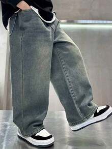 Tween Boy Loose Casual Versatile Denim Wide Leg Pants With Pockets - Blue - View 6
