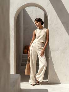 Women's Modest Boho Two-Piece Outfit Sleeveless Round Neck Cropped Blouse  Long Wide Leg Pants With Contrast Piping In Woven Fabric For Spring Outings - 香檳色 - 查看 2