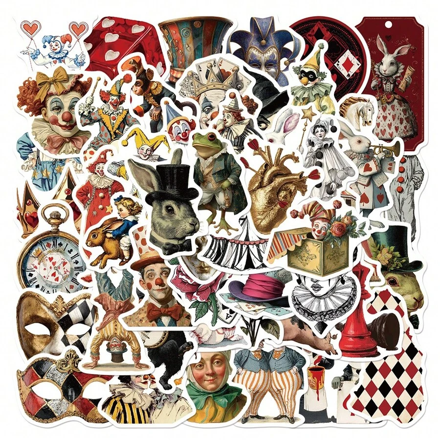 50Pcs Cartoon Weird Circus Theme Stickers Joker Animal Performance Elements Fun DIY Decoration Gift Stickers Pack Graffiti Stickers Vinyl Waterproof Stickers For Journaling Computer Scrapbook Luggage Water Bottle Phone - Multicolor - View 1
