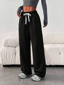 Pantalones deportivos casuales de estilo coreano para mujer Sulojter, unicolor, con bolsillos y cordón, estilo universitario - Negro - Ver 3