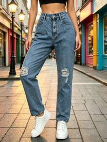 Pantalon De Mezclilla Dam,Pantalones acampanados de mezclilla azul medio lavados con roturas, cintura media, ajustados y elásticos - 2052 - Ver 6