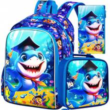 3Pcs Kids Blue Graduation Shark Backpack Set, With Lunch Box & Pencil Case, Ideal For Daily School Use - Blue - View 1